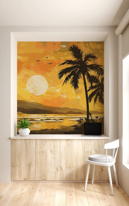 Coucher de Soleil Doré sur l'Oasis Tropicale