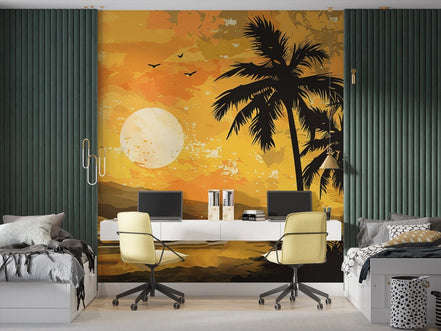 Coucher de Soleil Doré sur l'Oasis Tropicale