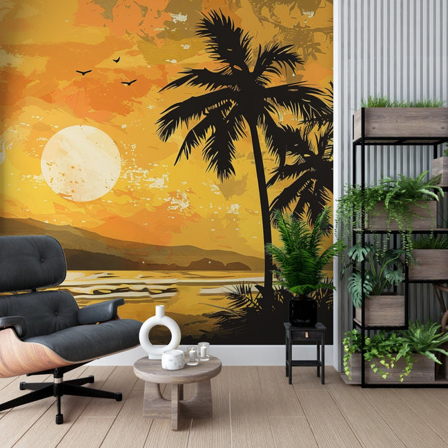 Coucher de Soleil Doré sur l'Oasis Tropicale