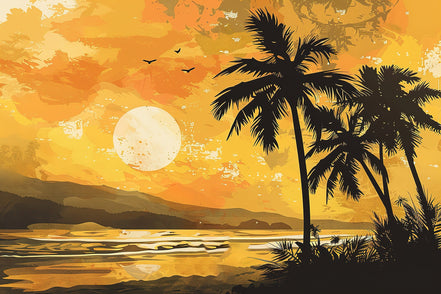 Coucher de Soleil Doré sur l'Oasis Tropicale