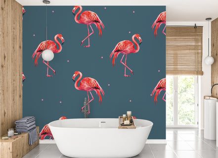 Flamants Roses Éclatants sur Fond Indigo