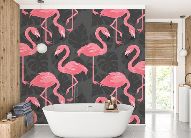 Flamants Roses et Feuillage Tropical Sombre