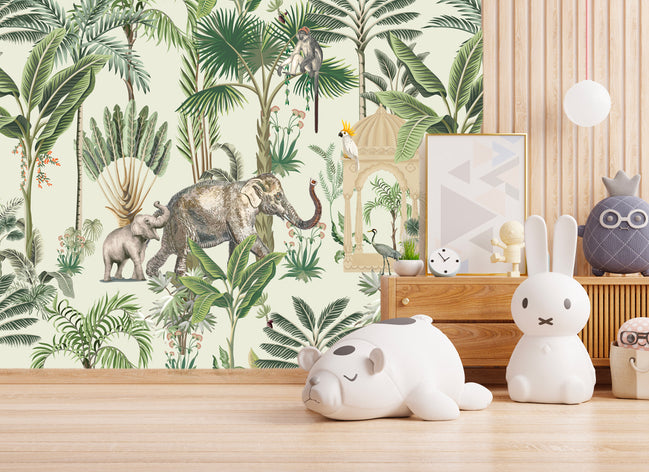 Jungle Indienne aux Éléphants et Paons