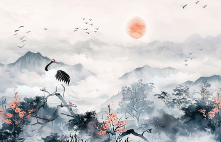 Paysage Asiatique au Grue et Cerisiers