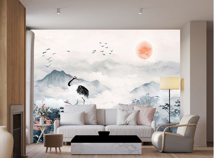 Paysage Asiatique au Grue et Cerisiers