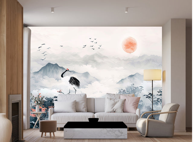 Paysage Asiatique au Grue et Cerisiers