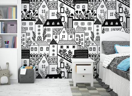 Village Abstrait en Noir et Blanc