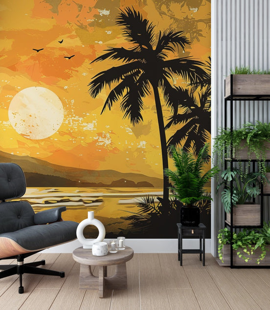 Coucher de Soleil Doré sur l'Oasis Tropicale