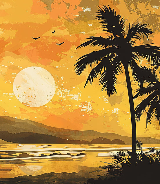 Coucher de Soleil Doré sur l'Oasis Tropicale