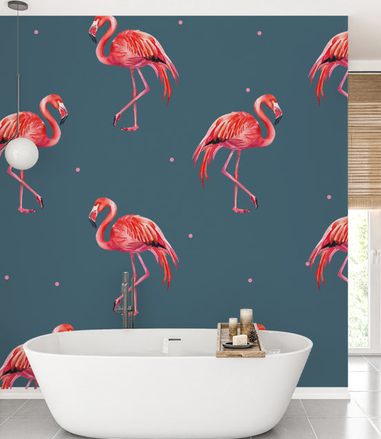 Flamants Roses Éclatants sur Fond Indigo