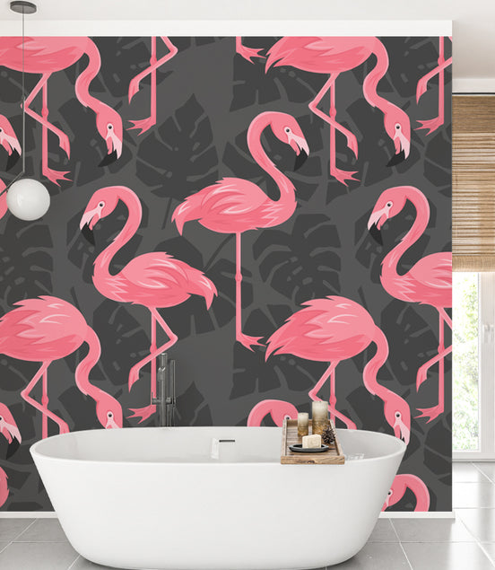 Flamants Roses et Feuillage Tropical Sombre