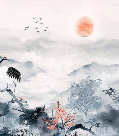 Paysage Asiatique au Grue et Cerisiers