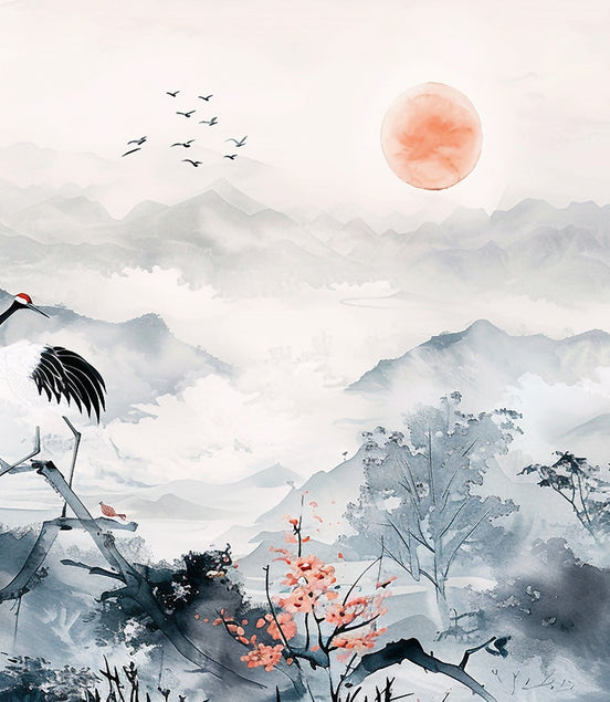 Paysage Asiatique au Grue et Cerisiers