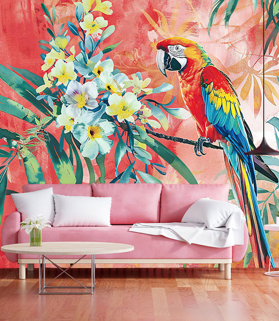 Perroquet Ara & Fleurs Exotiques